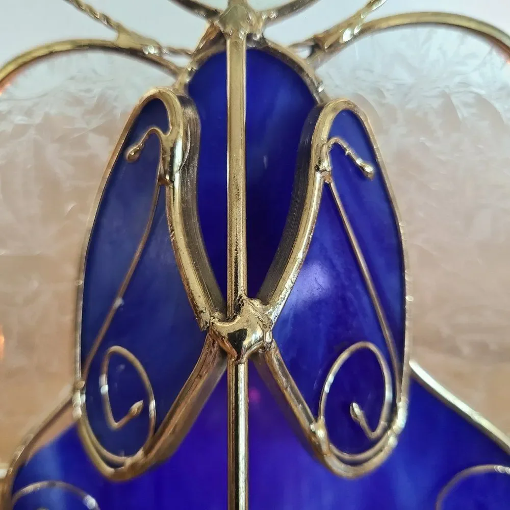 Vintage Stained Glass Tealight Holder Angel Trumpet Candle Display Cobalt Blue